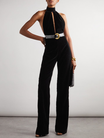 Tom Ford Belted cutout stretch-velvet halterneck jumpsuit