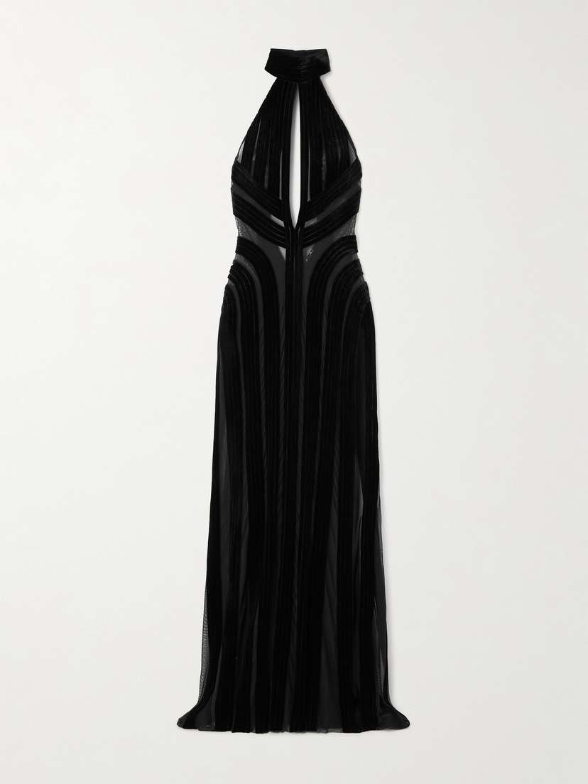 Tom Ford Cutout Tulle-trimmed Velvet Halterneck Gown