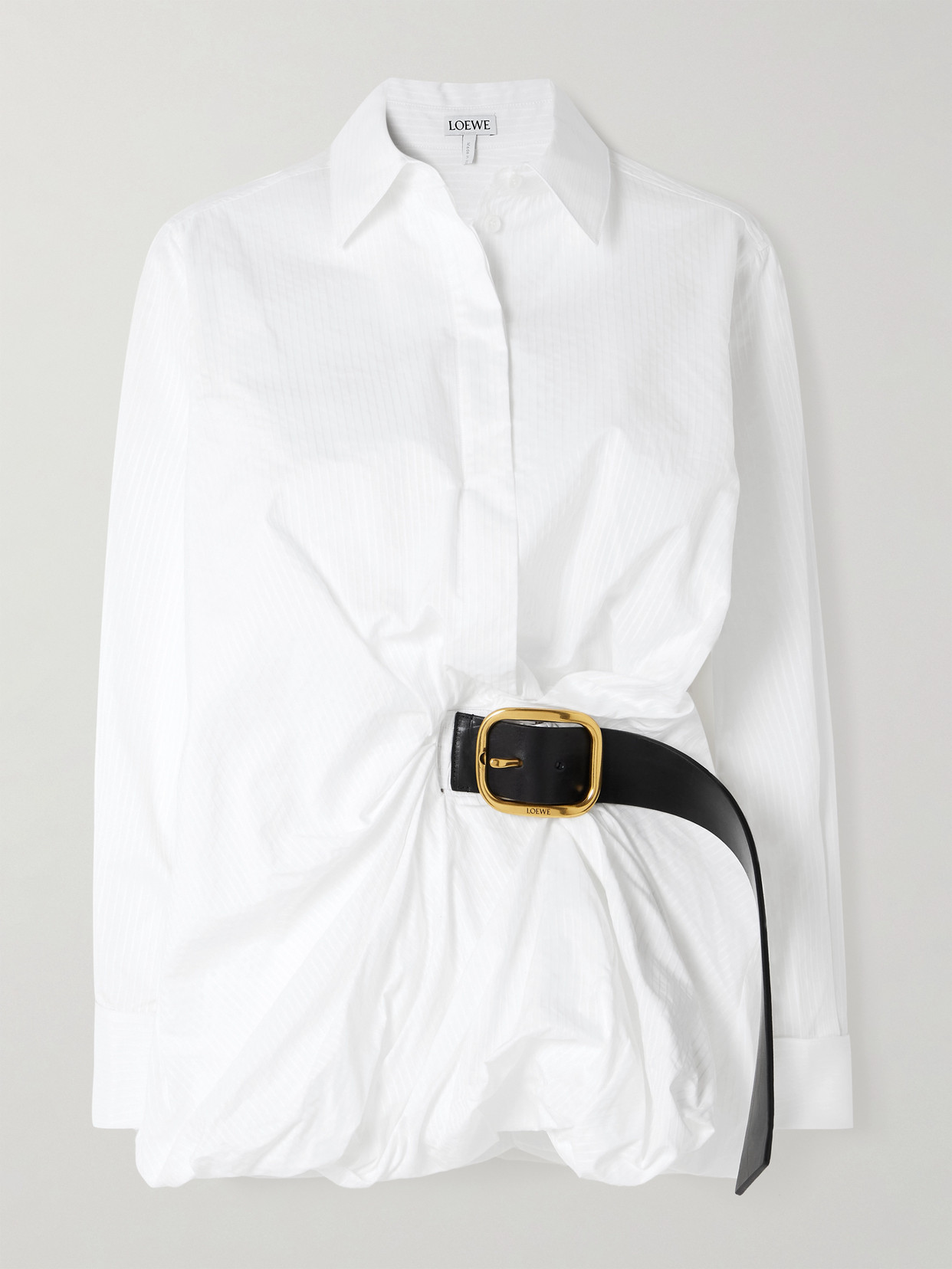 Loewe - Belted Leather-trimmed Gathered Ribbed Cotton Shirt - White