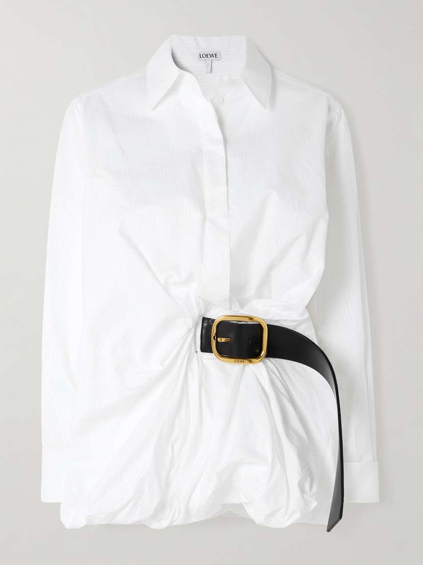 Loewe Belted Leather-trimmed Gathered Ribbed Cotton Shirt