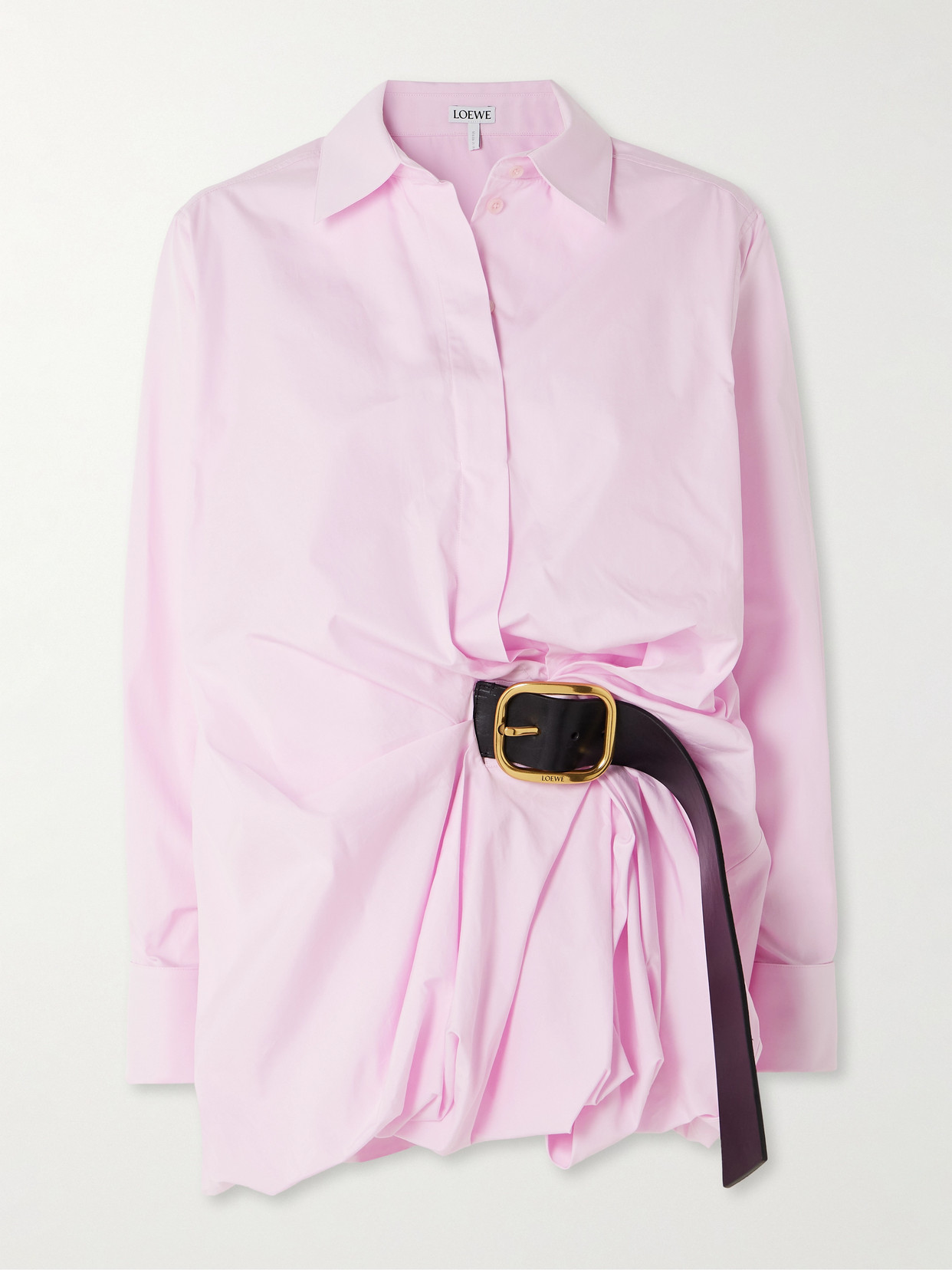 Loewe - Belted Leather-trimmed Gathered Cotton Shirt - Pink