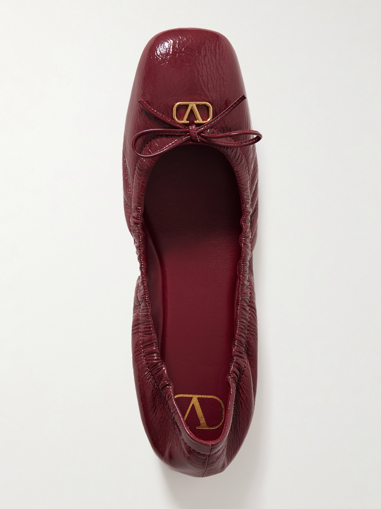 Valentino Vlogo Bow-embellished Crinkled Patent-leather Ballet Flats In Red