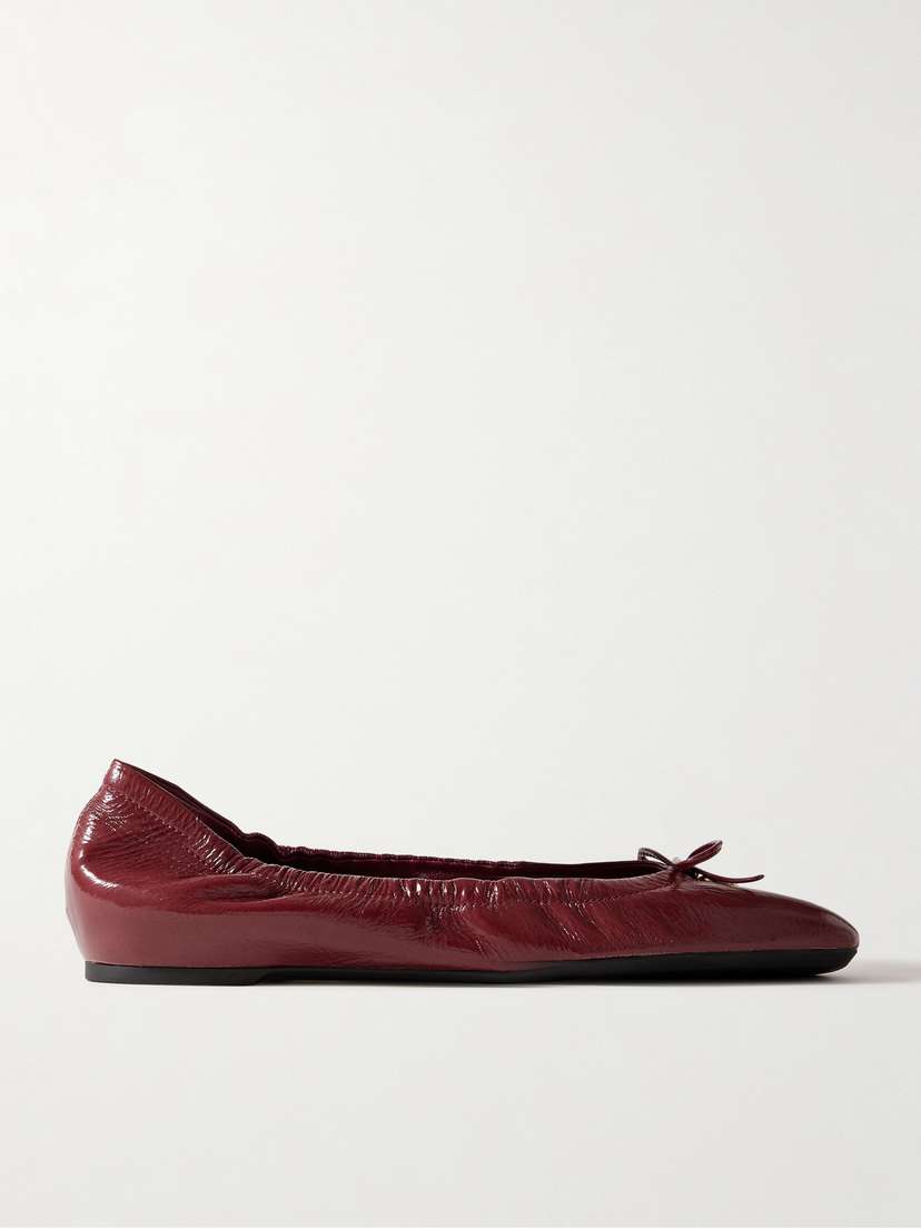 Valentino Garavani Vlogo Bow-embellished Crinkled Patent-leather Ballet Flats