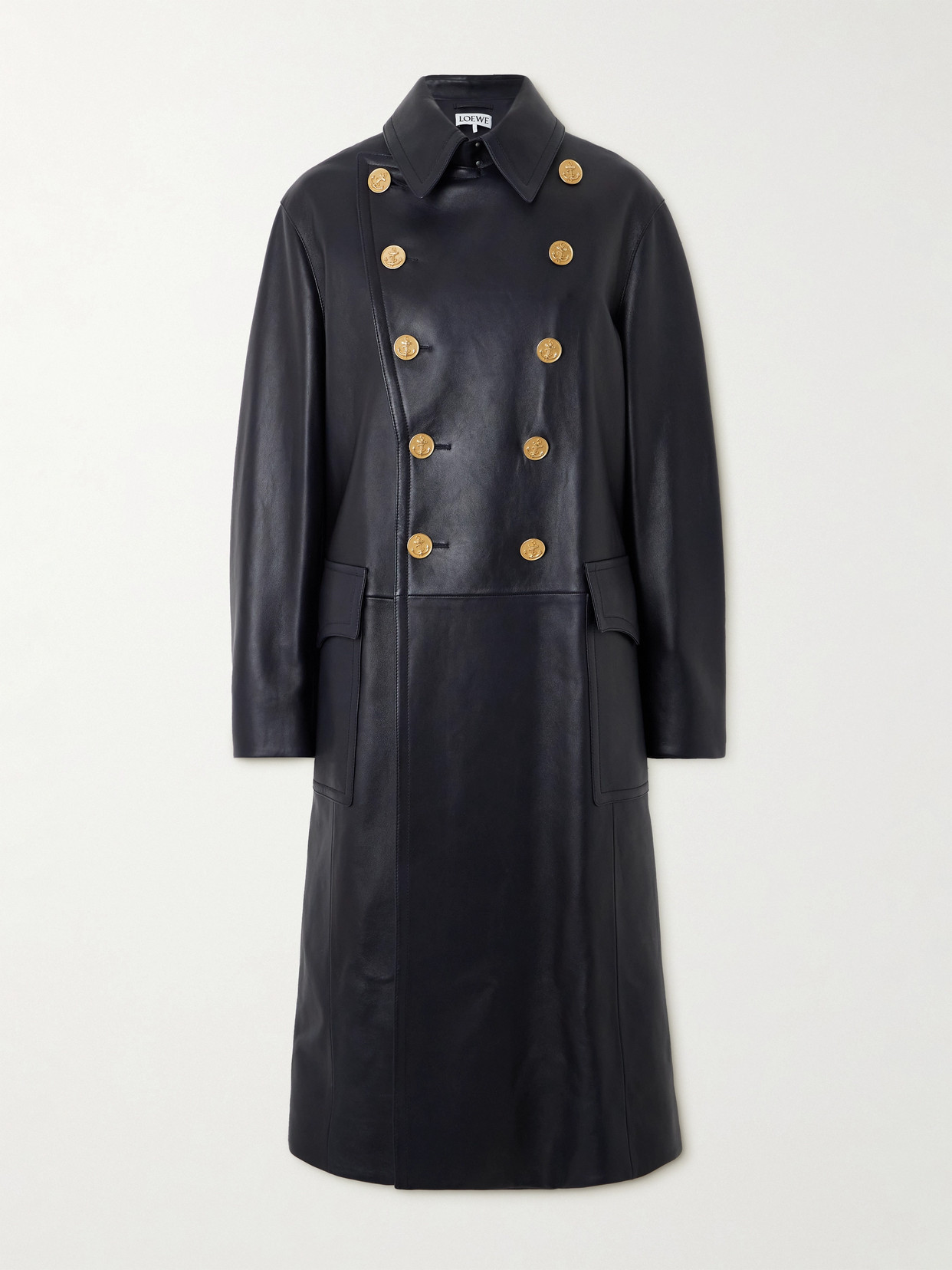 Loewe Double-breasted Leather Coat In Black