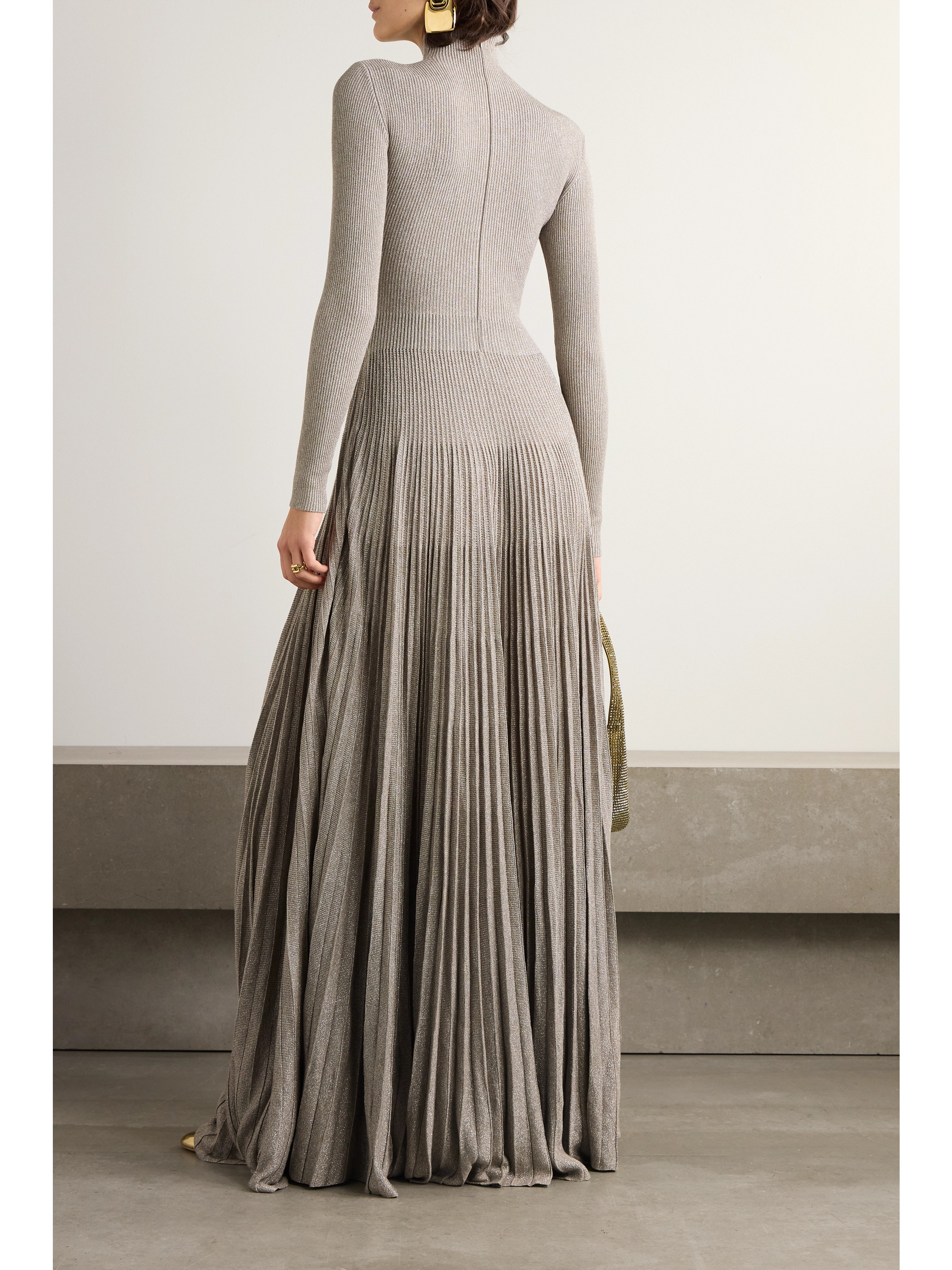 wool silk puff sleeve turtleneck dress ralph lauren Ralph Lauren Collection - Holliday ribbed pleated metallic-knit turtleneck  gown