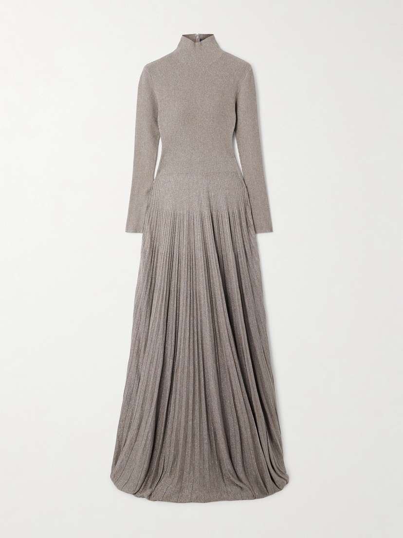 Ralph Lauren Collection Holliday Ribbed Pleated Metallic-knit Turtleneck Gown