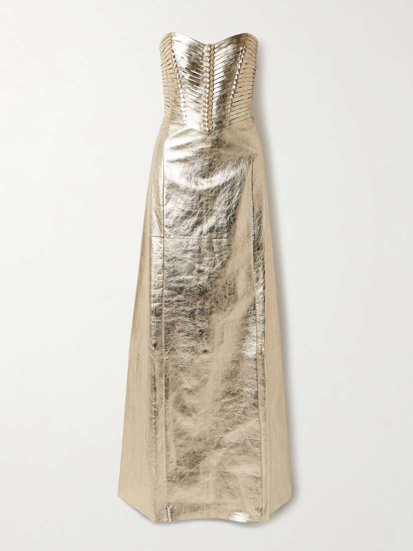 Ralph Lauren Collection Kaylen Strapless Metallic Coated Crinkled-suede Gown