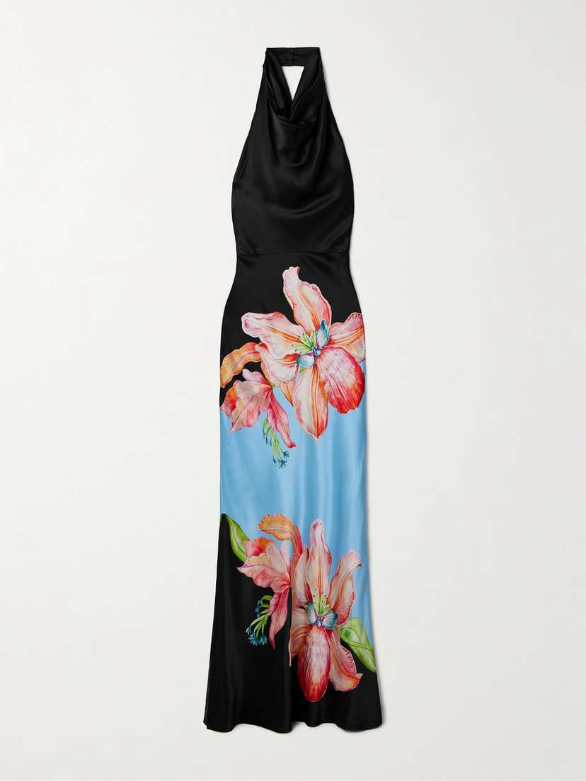 Rebecca Vallance Orchid Oasis Draped Floral-print Silk-satin Halterneck Maxi Dress