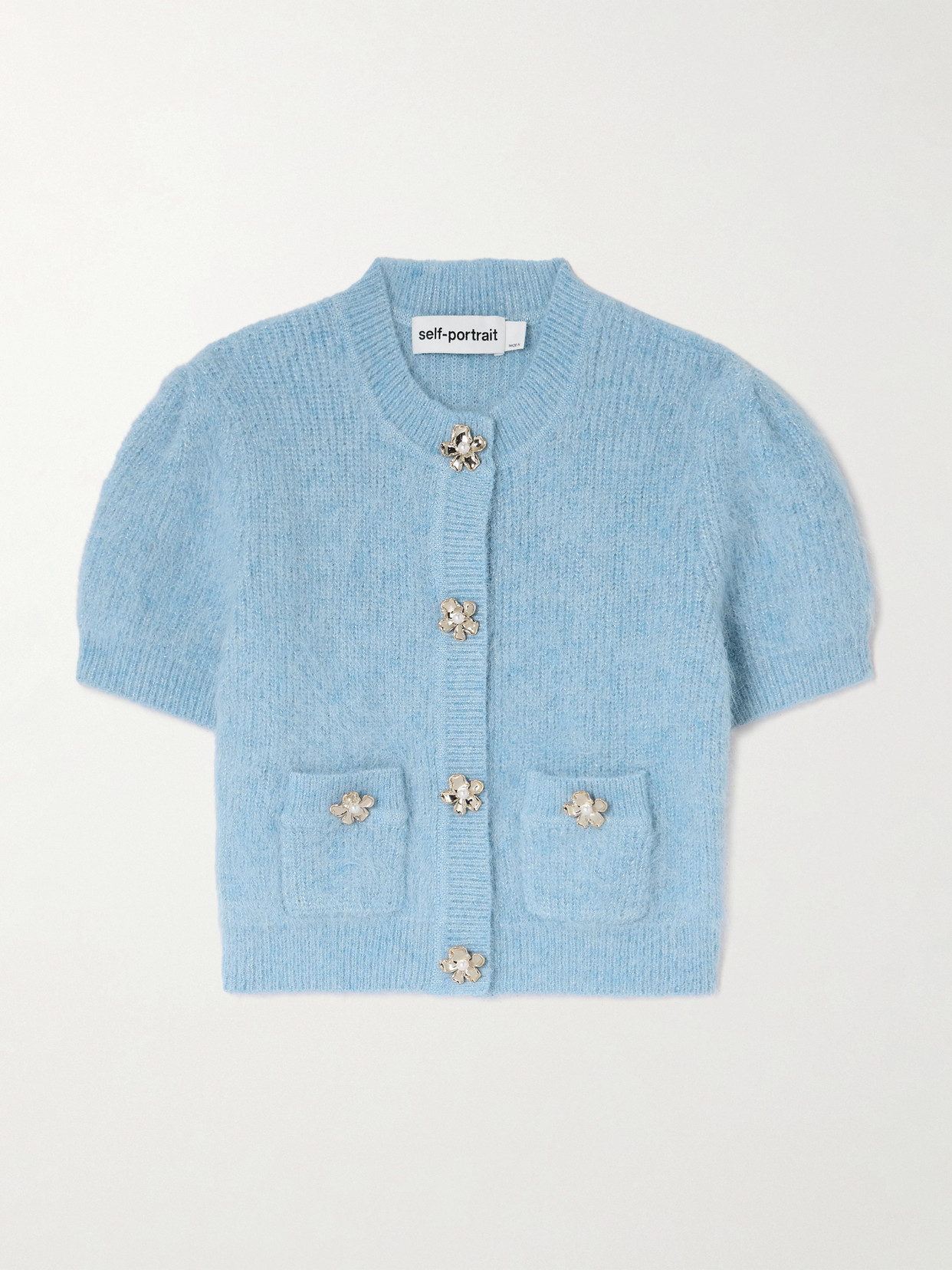 Self-Portrait - Cropped Embellished Metallic Brushed Ribbed-knit Cardigan - Blue