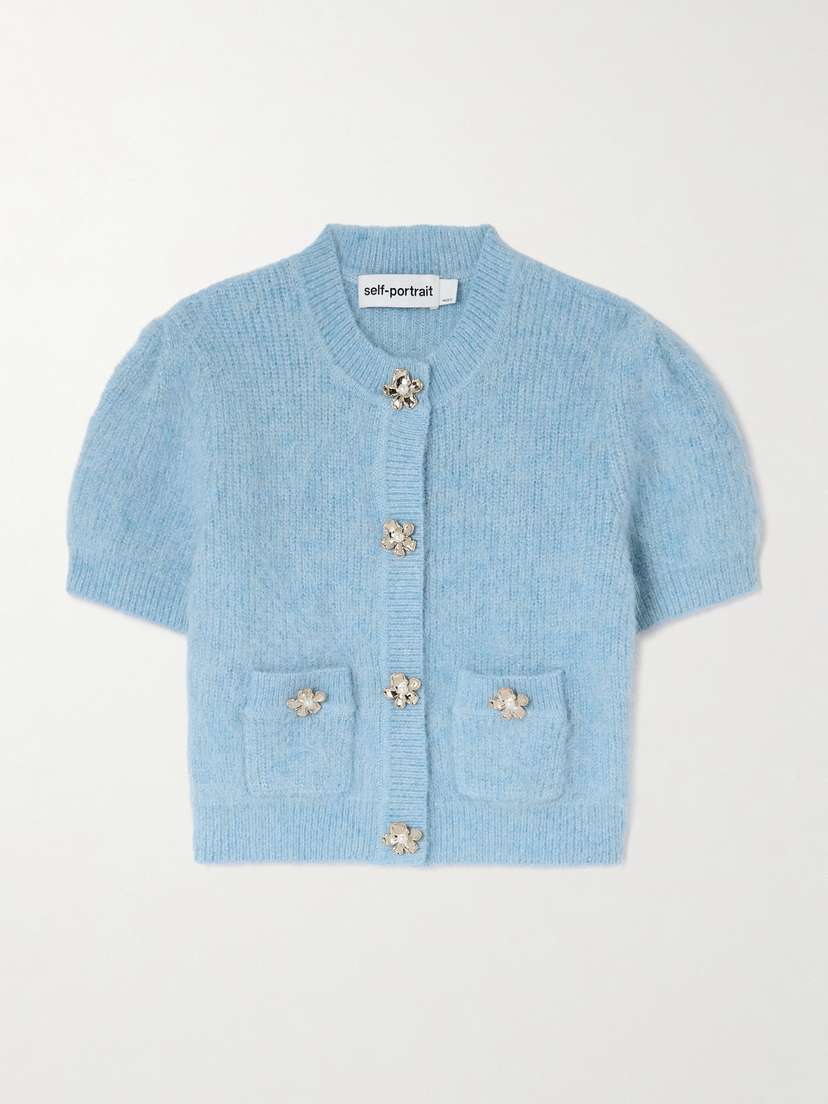 Self-Portrait Cropped Embellished Metallic Brushed Ribbed-knit Cardigan