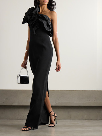 Rebecca Vallance Ella appliquéd ruffled one-shoulder crepe gown