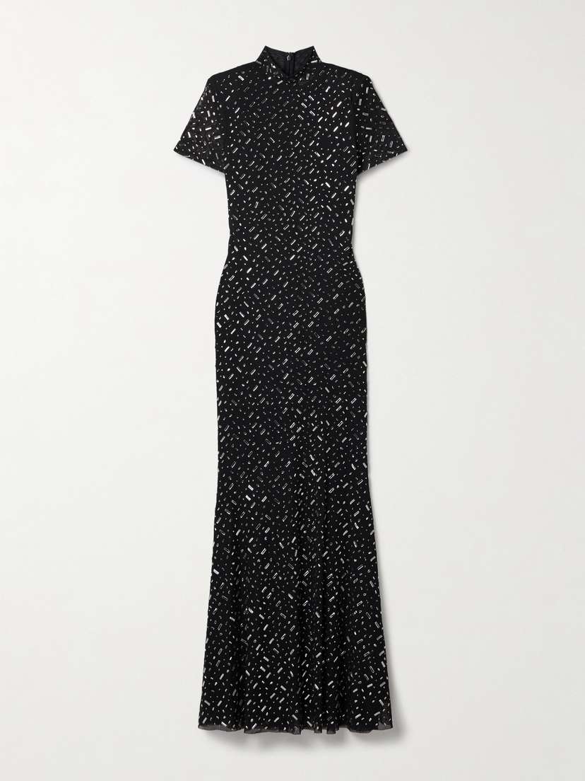 Self-Portrait Embellished Mesh Turtleneck Maxi Dress - UK 16