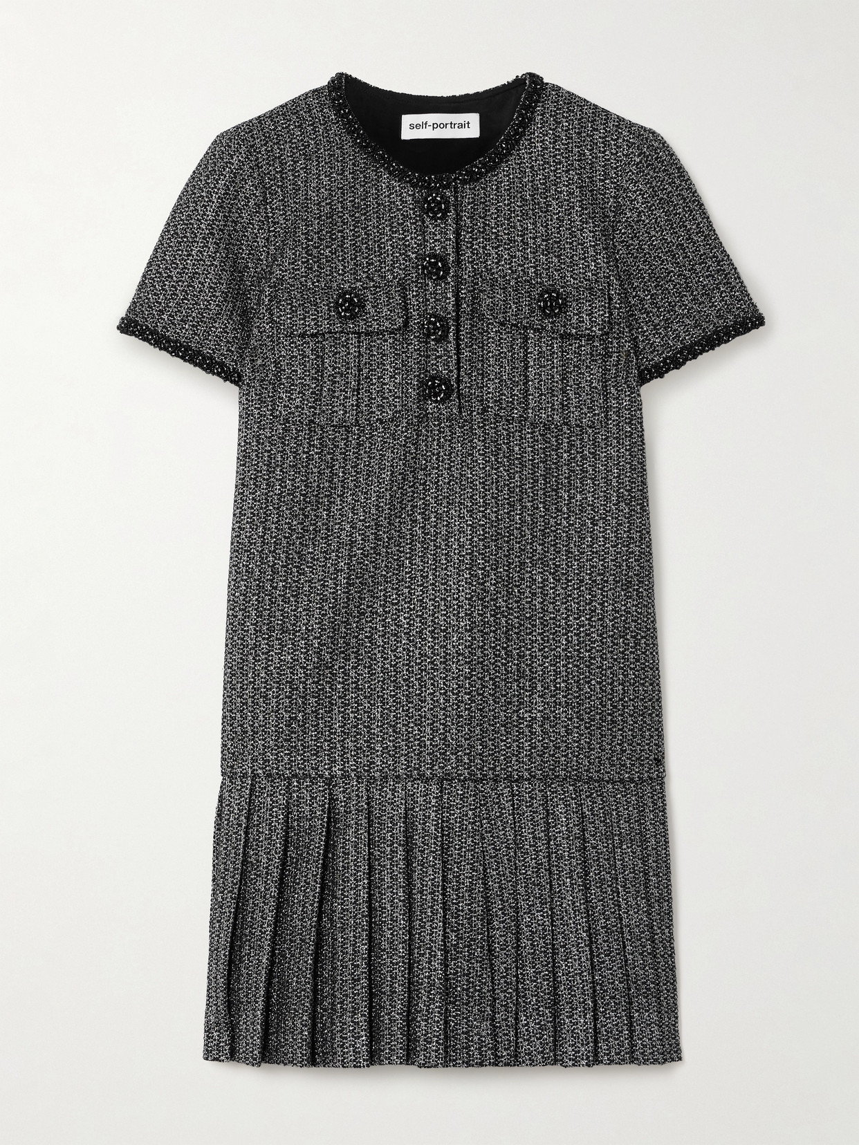 Self-Portrait - Embellished Pleated Metallic Bouclé Mini Dress - Black