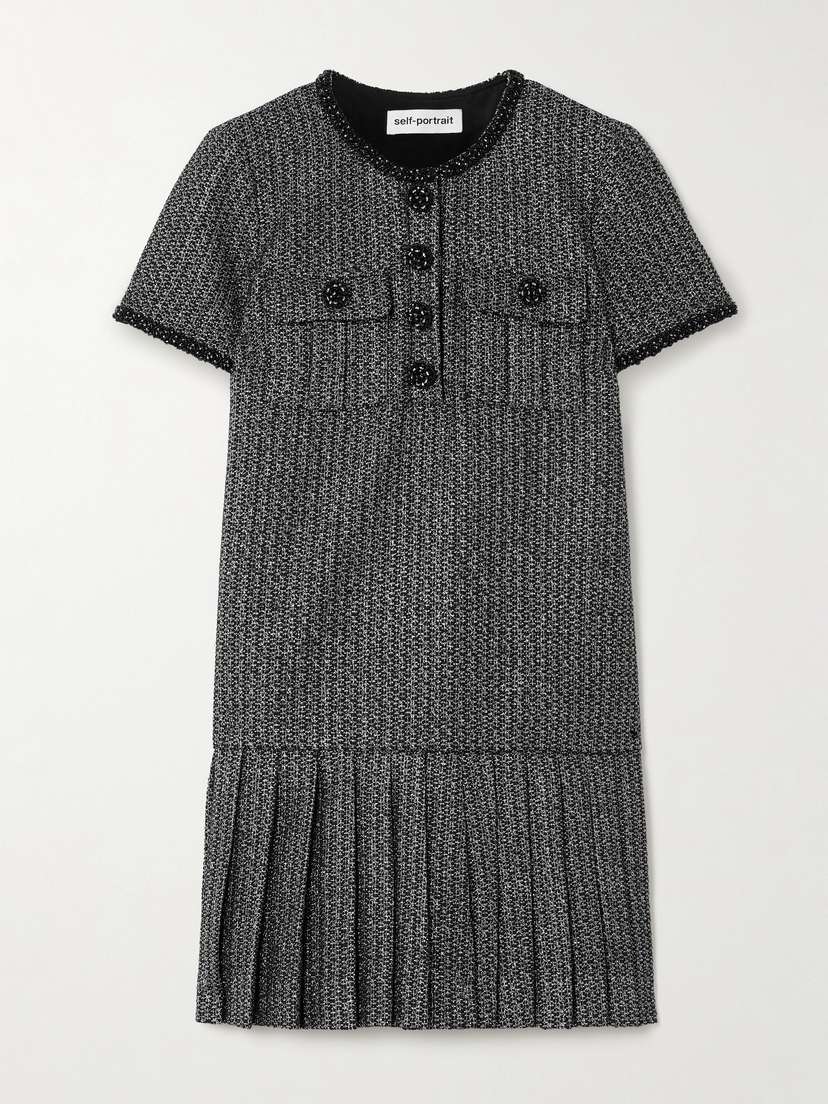 Self-Portrait Embellished Pleated Metallic Bouclé Mini Dress