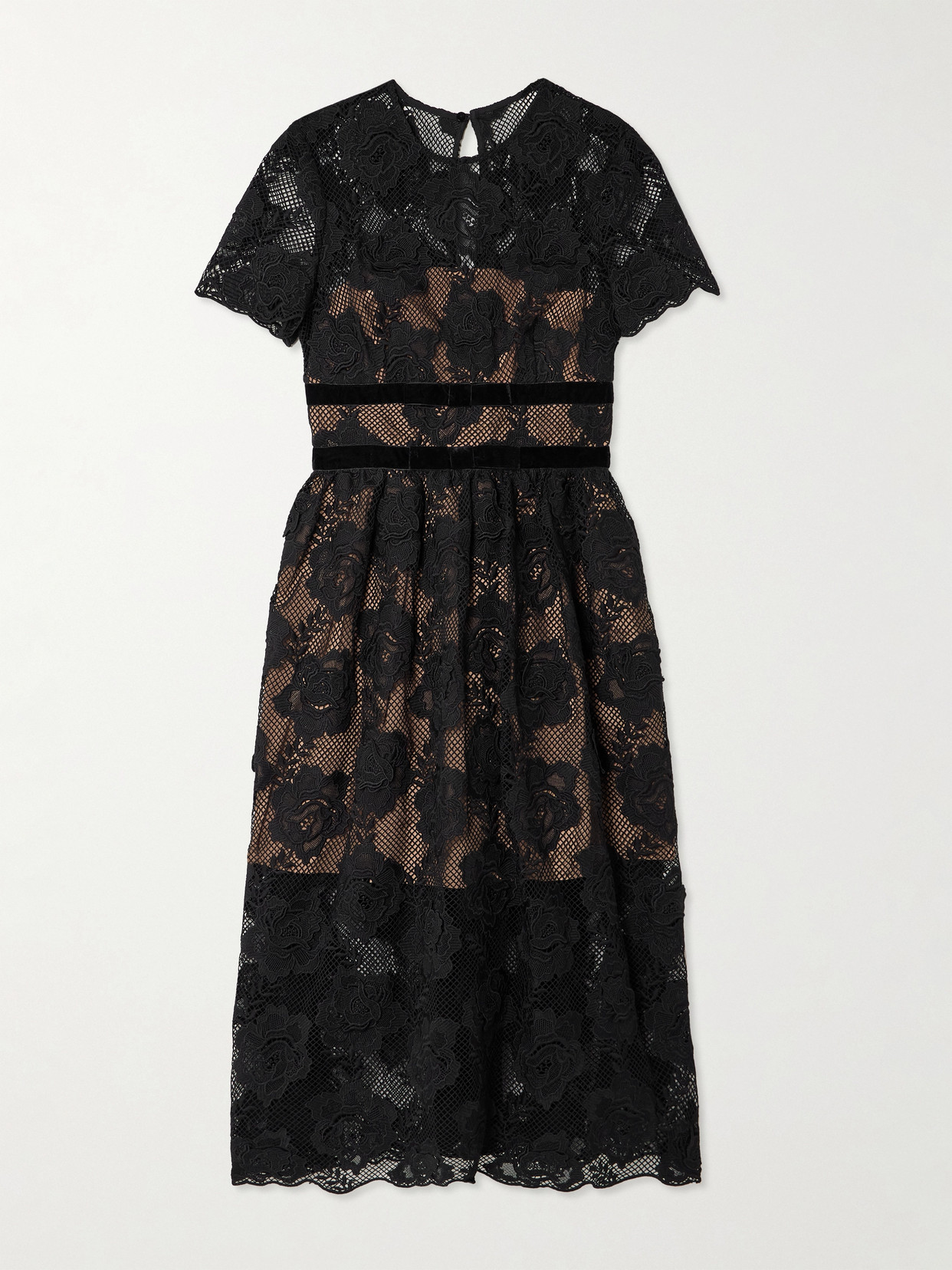 SELF-PORTRAIT BELTED VELVET-TRIMMED CORDED LACE MIDI DRESS