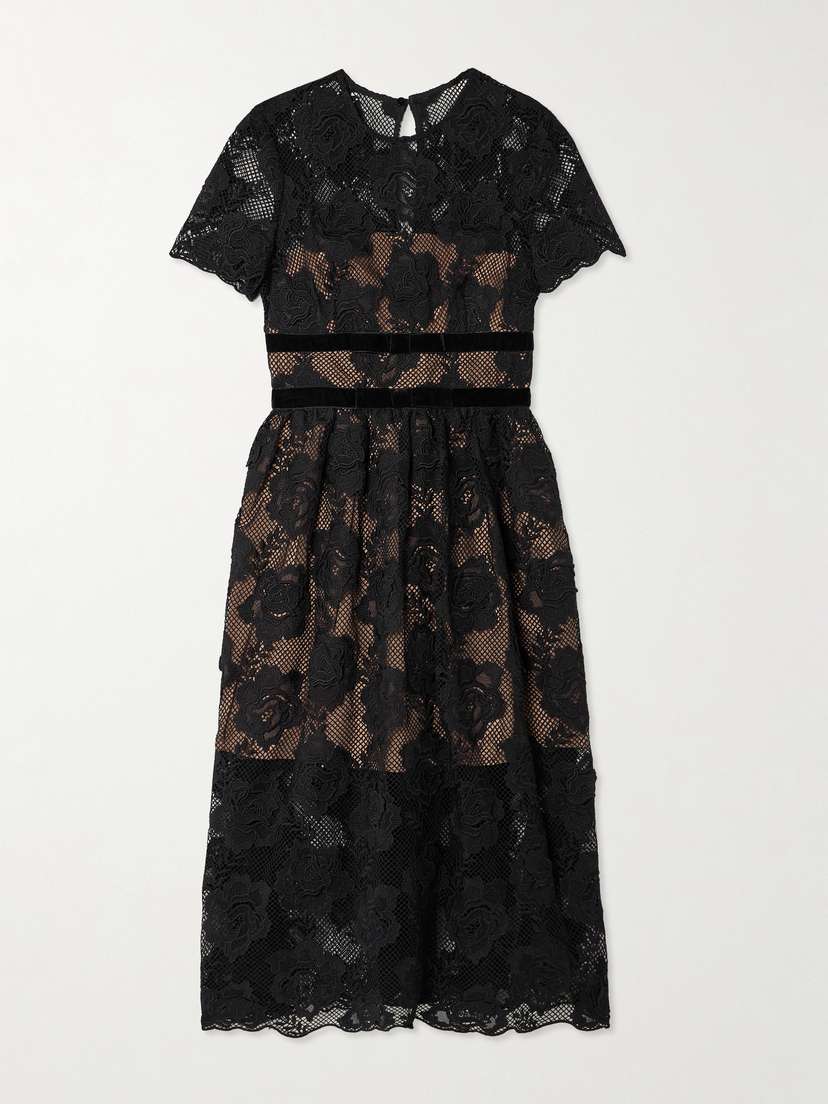 Self-Portrait Belted Velvet-trimmed Corded Lace Midi Dress