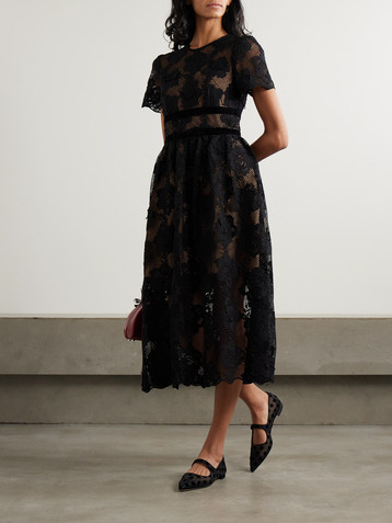 self-portrait Belted velvet-trimmed corded lace midi dress