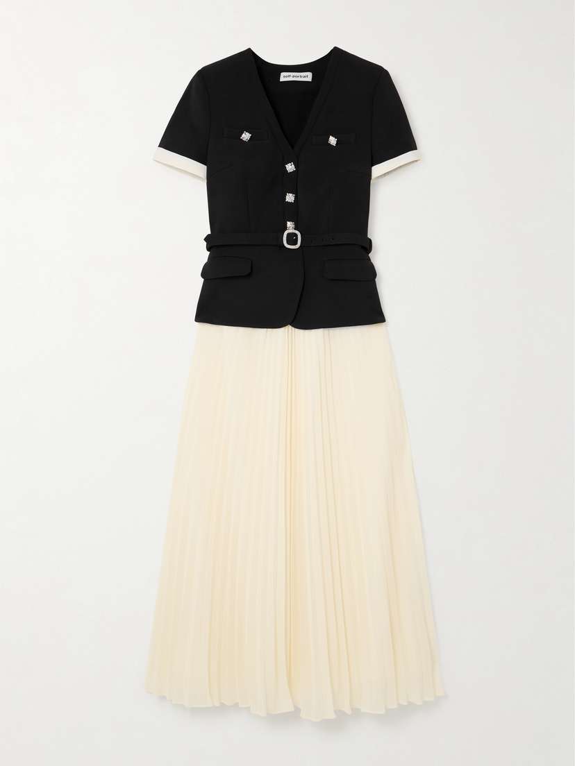 Self-Portrait Belted Embellished Tulle And Pleated Georgette Midi Dress