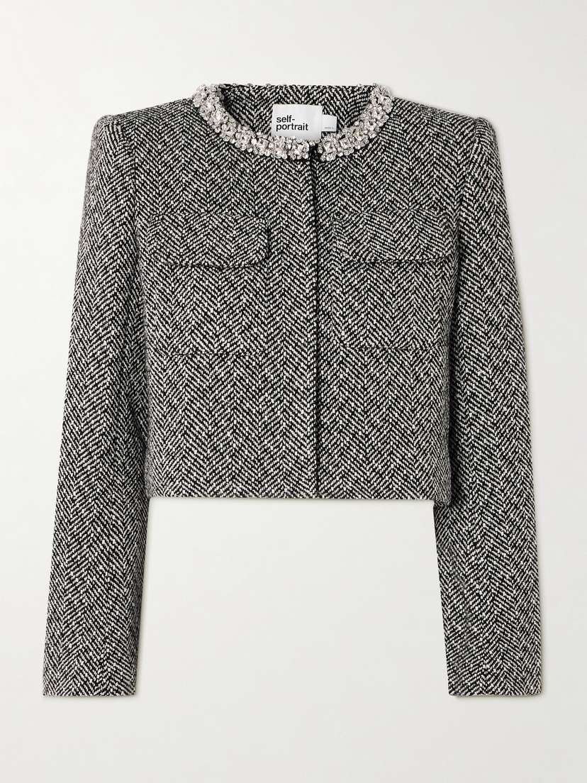 Self-Portrait Embellished Cropped Herringbone Tweed Jacket - UK 14
