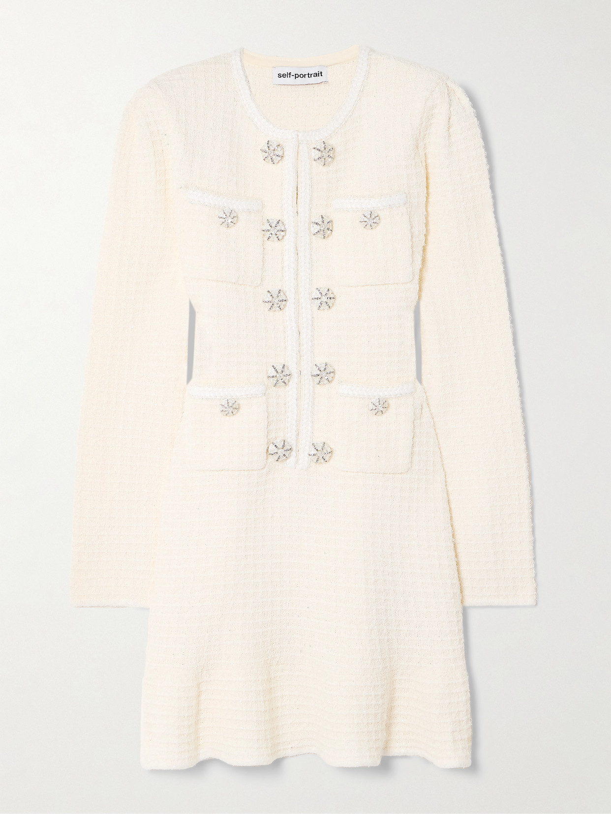 Self-Portrait - Embellished Metallic Waffle-knit Mini Dress - Cream