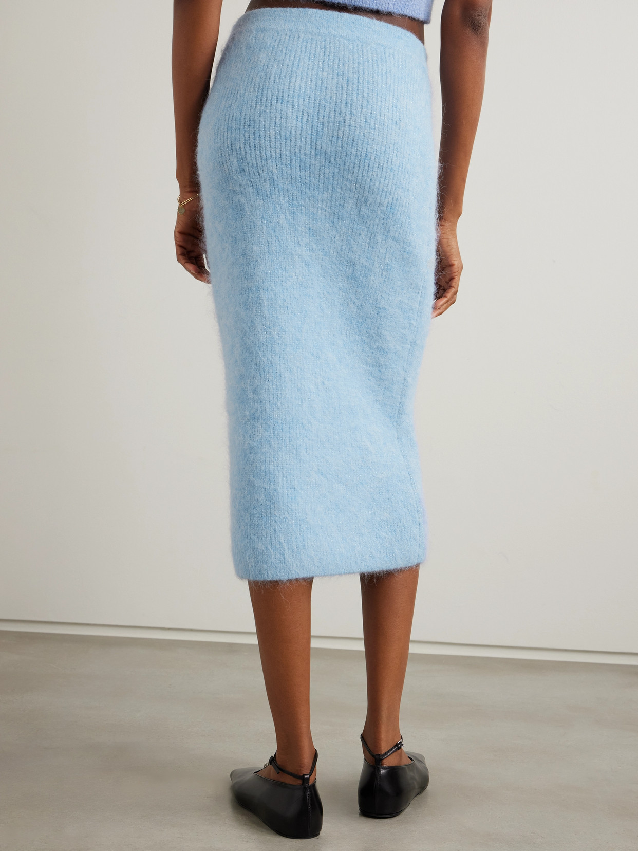 Self-portrait Embellished Metallic Brushed Ribbed-knit Midi Skirt In Blue