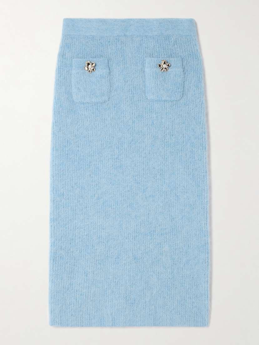 Self-Portrait Embellished Metallic Brushed Ribbed-knit Midi Skirt