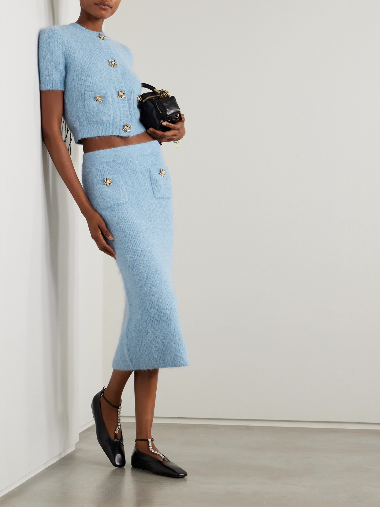 Self-portrait Embellished Metallic Brushed Ribbed-knit Midi Skirt In Blue