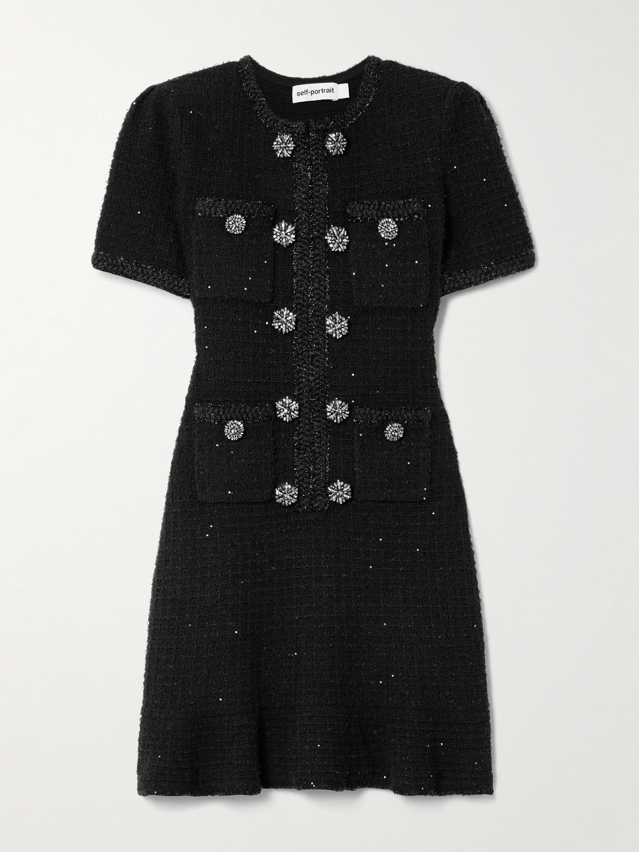 Self-Portrait - Embellished Metallic Waffle-knit Dress - Black