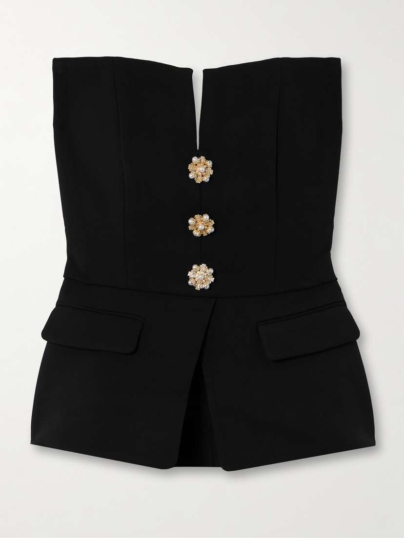 Self-Portrait Strapless Embellished Crepe Peplum Bustier Top
