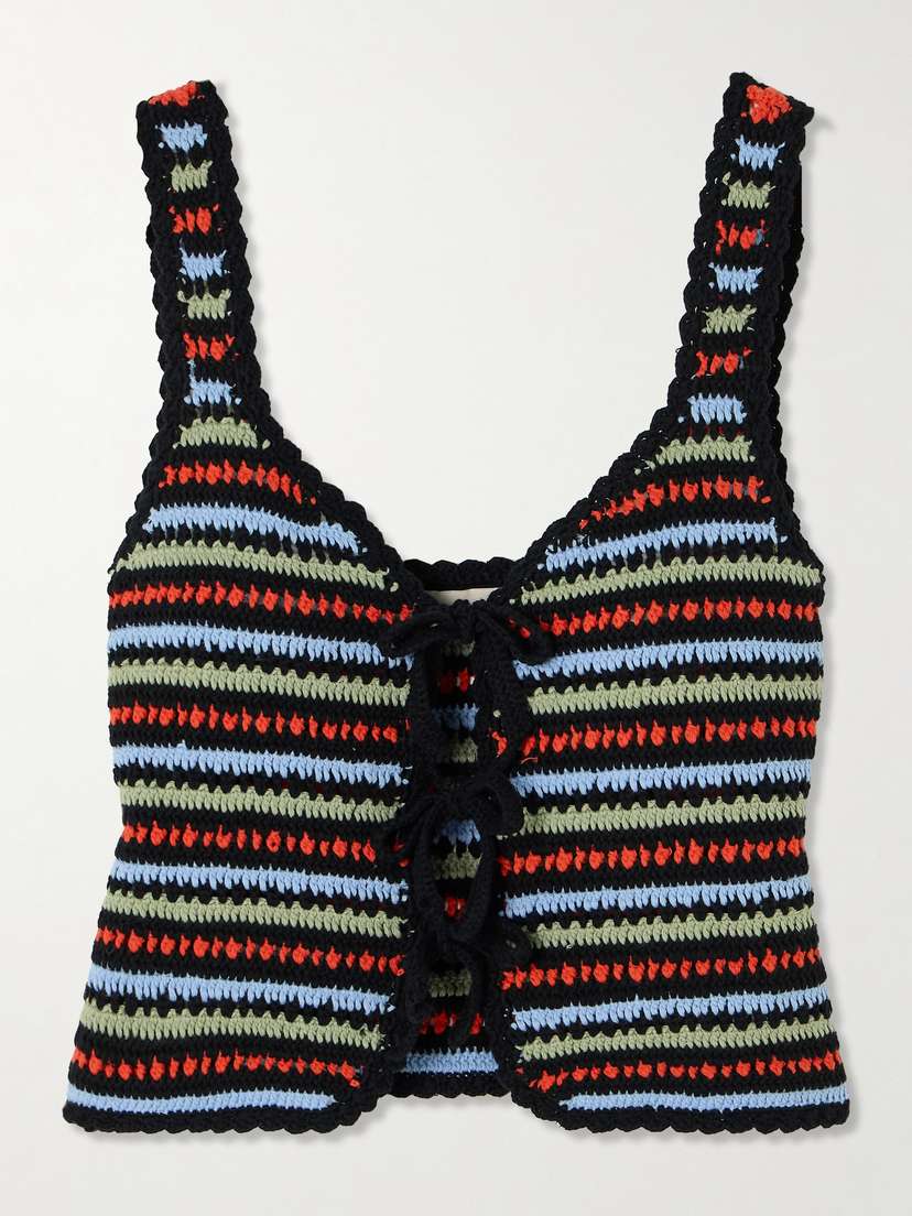 Rixo Lia Cropped Bow-embellished Scalloped Crocheted Cotton Top