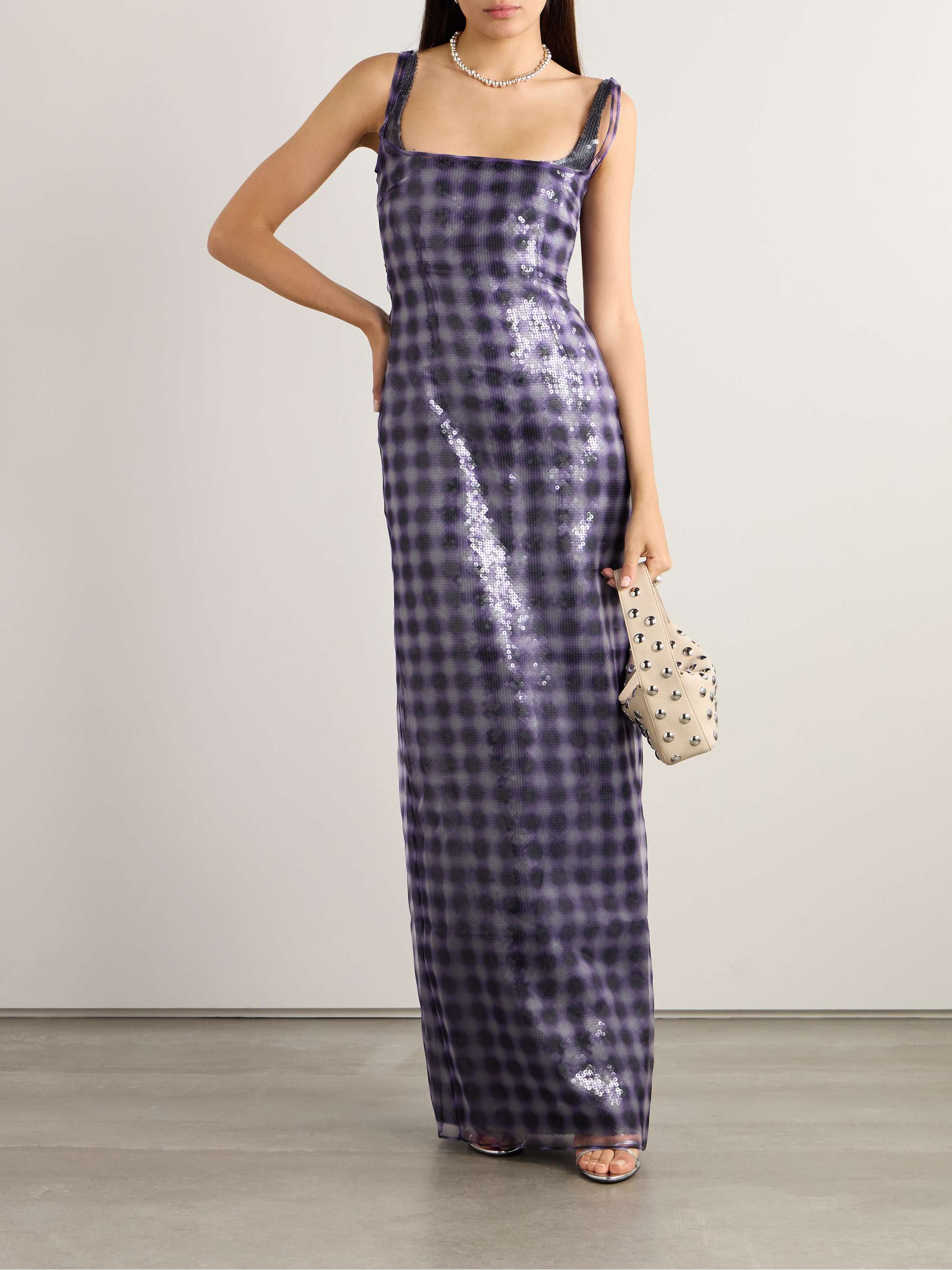 Electra checked layered sequined organza maxi dress
