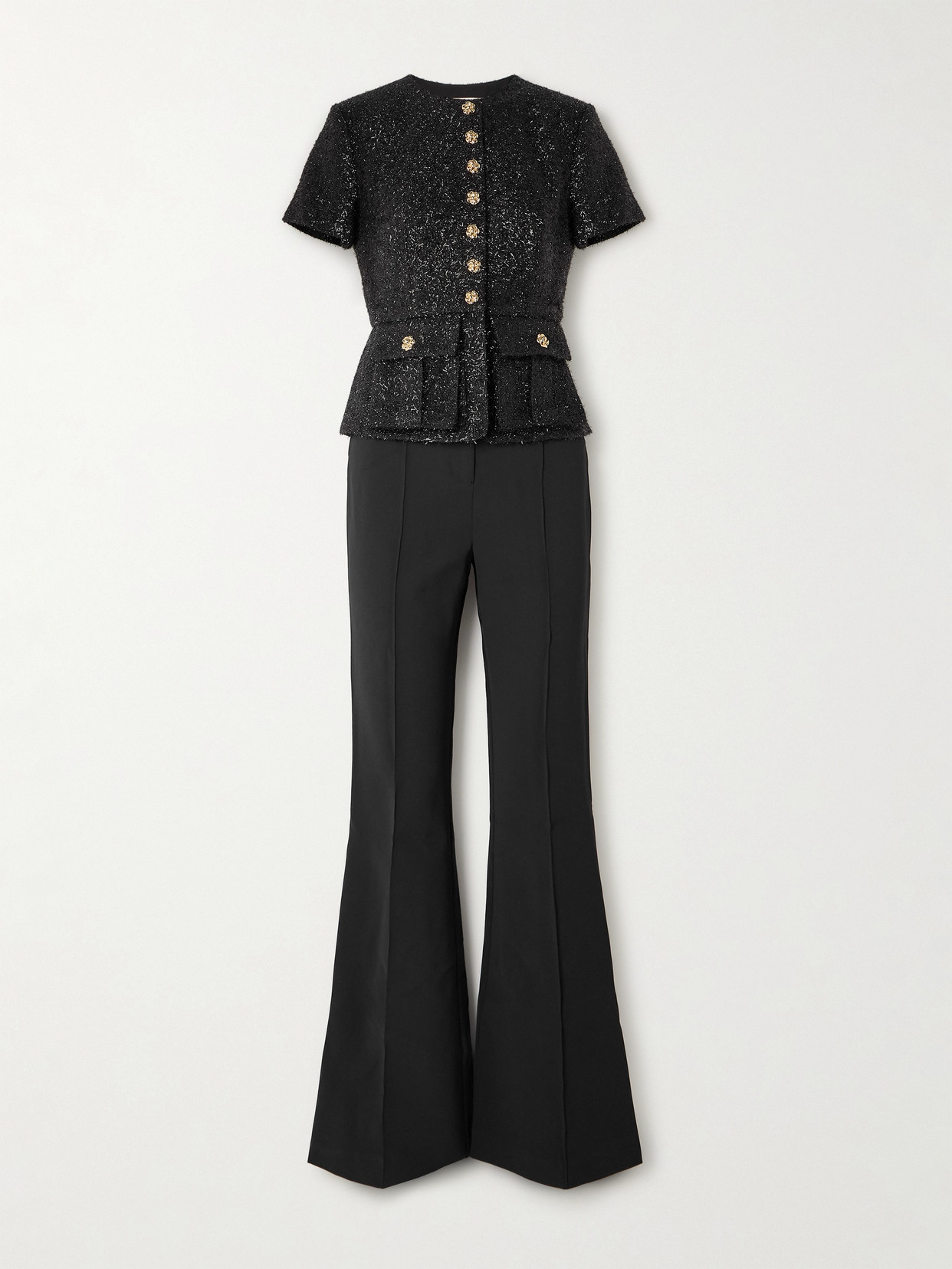 SELF-PORTRAIT BUTTON-EMBELLISHED METALLIC BOUCLÉ AND CREPE PEPLUM JUMPSUIT