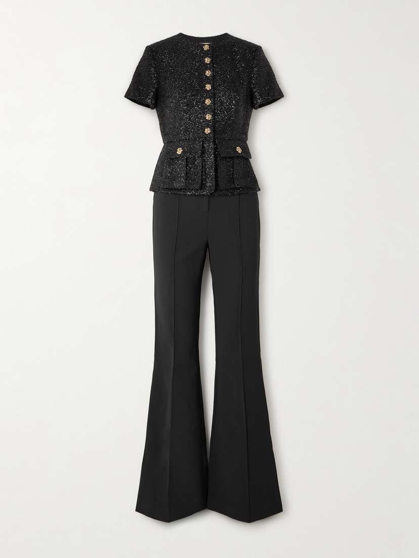 Self-Portrait Button-embellished Metallic Bouclé And Crepe Peplum Jumpsuit