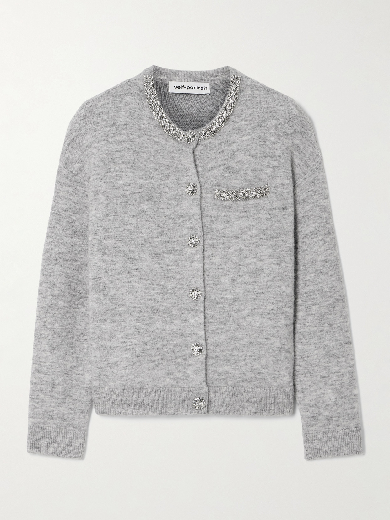 Self-Portrait - Embellished Brushed-knit Cardigan - Gray