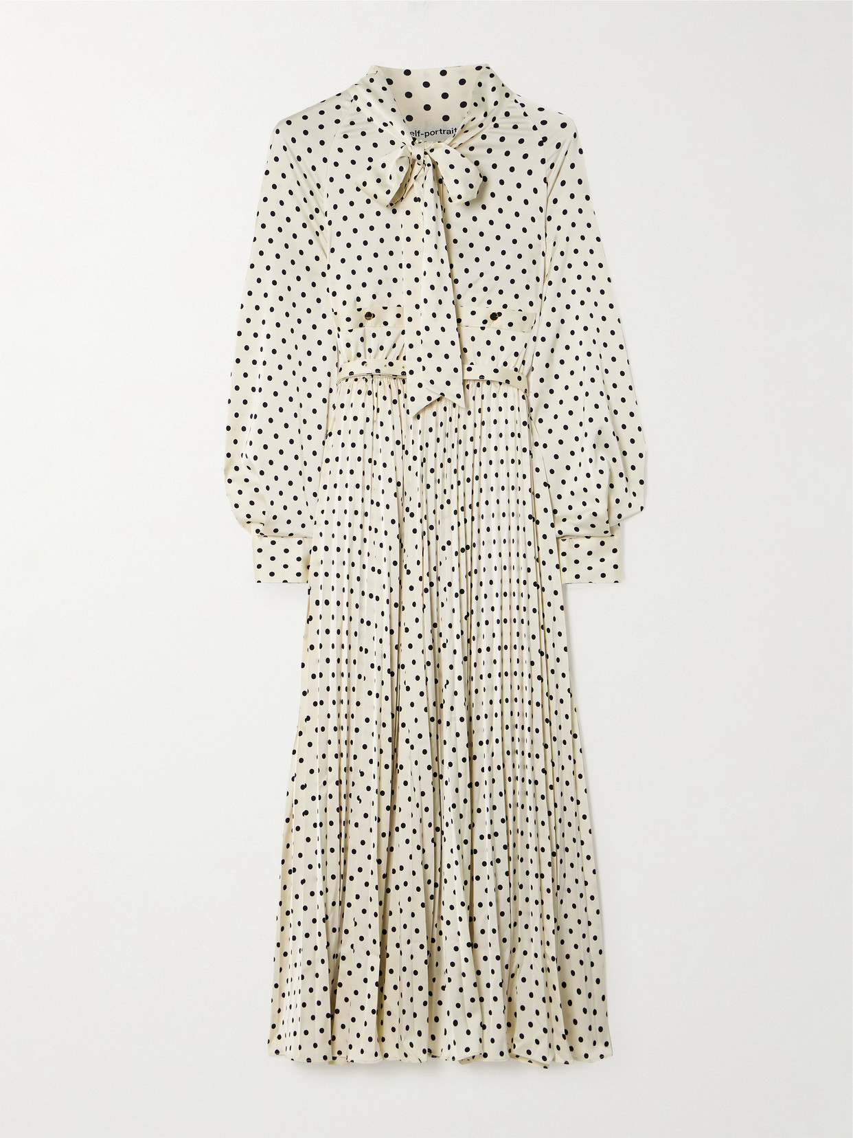 Self-Portrait - Pussy-bow Pleated Polka-dot Satin-twill Midi Dress - Cream
