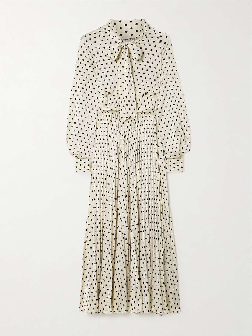 Self-Portrait Pussy-bow Pleated Polka-dot Satin-twill Midi Dress - UK 16
