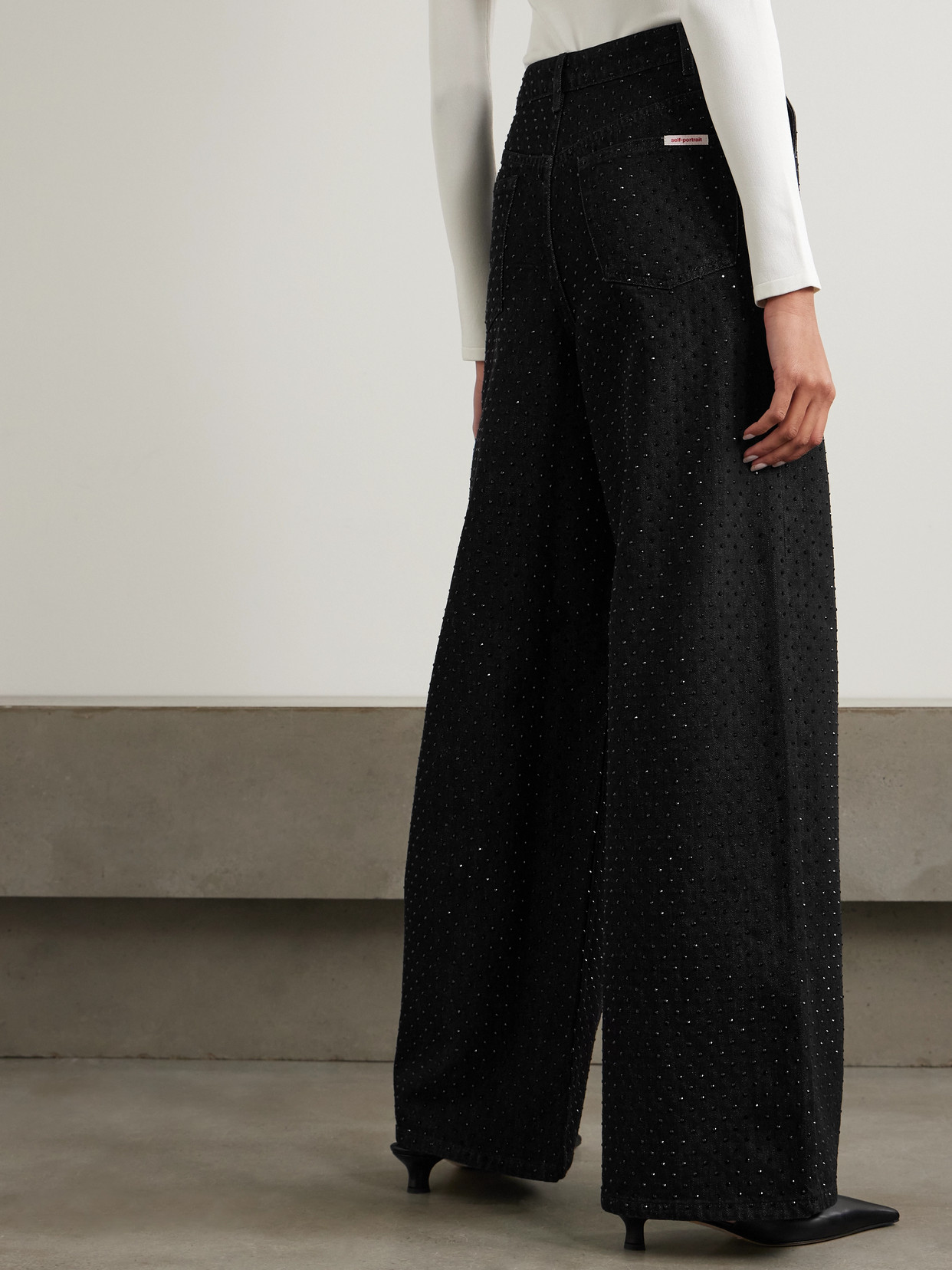 Self-portrait Crystal-embellished High-rise Wide-leg Jeans In Black