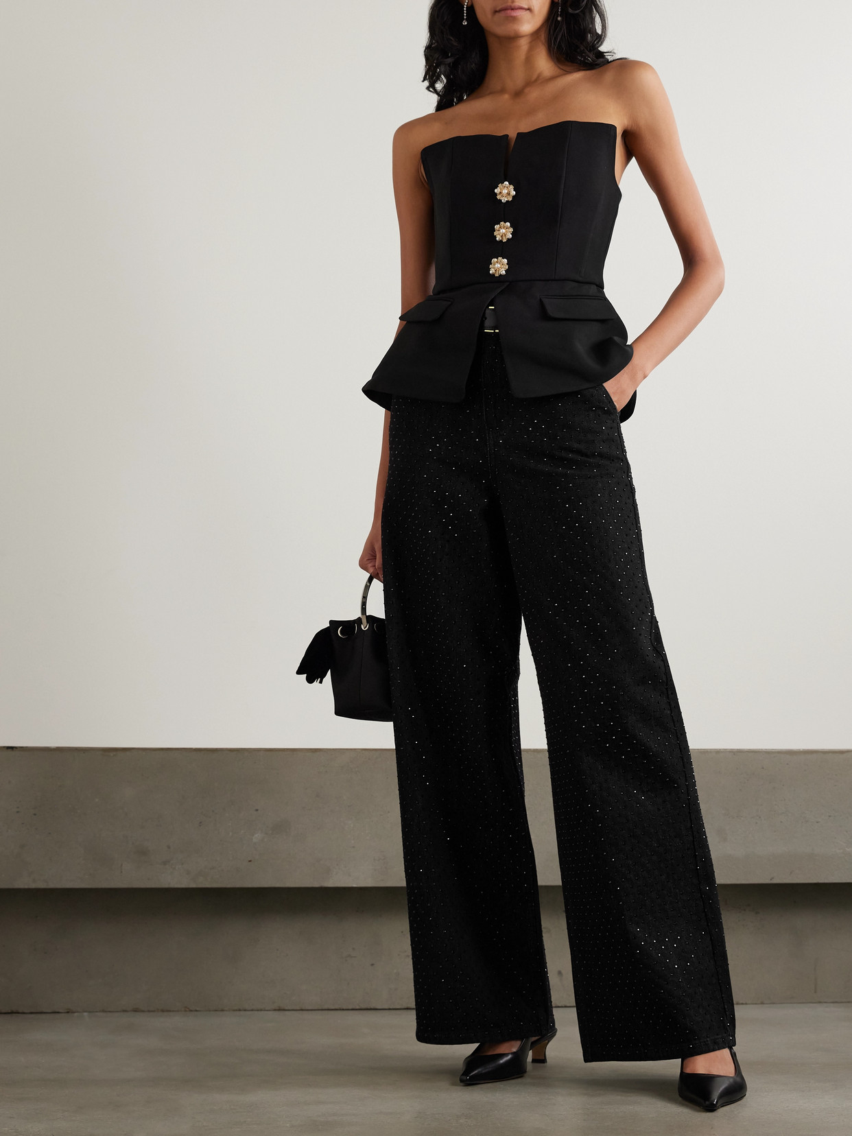 Self-portrait Crystal-embellished High-rise Wide-leg Jeans In Black