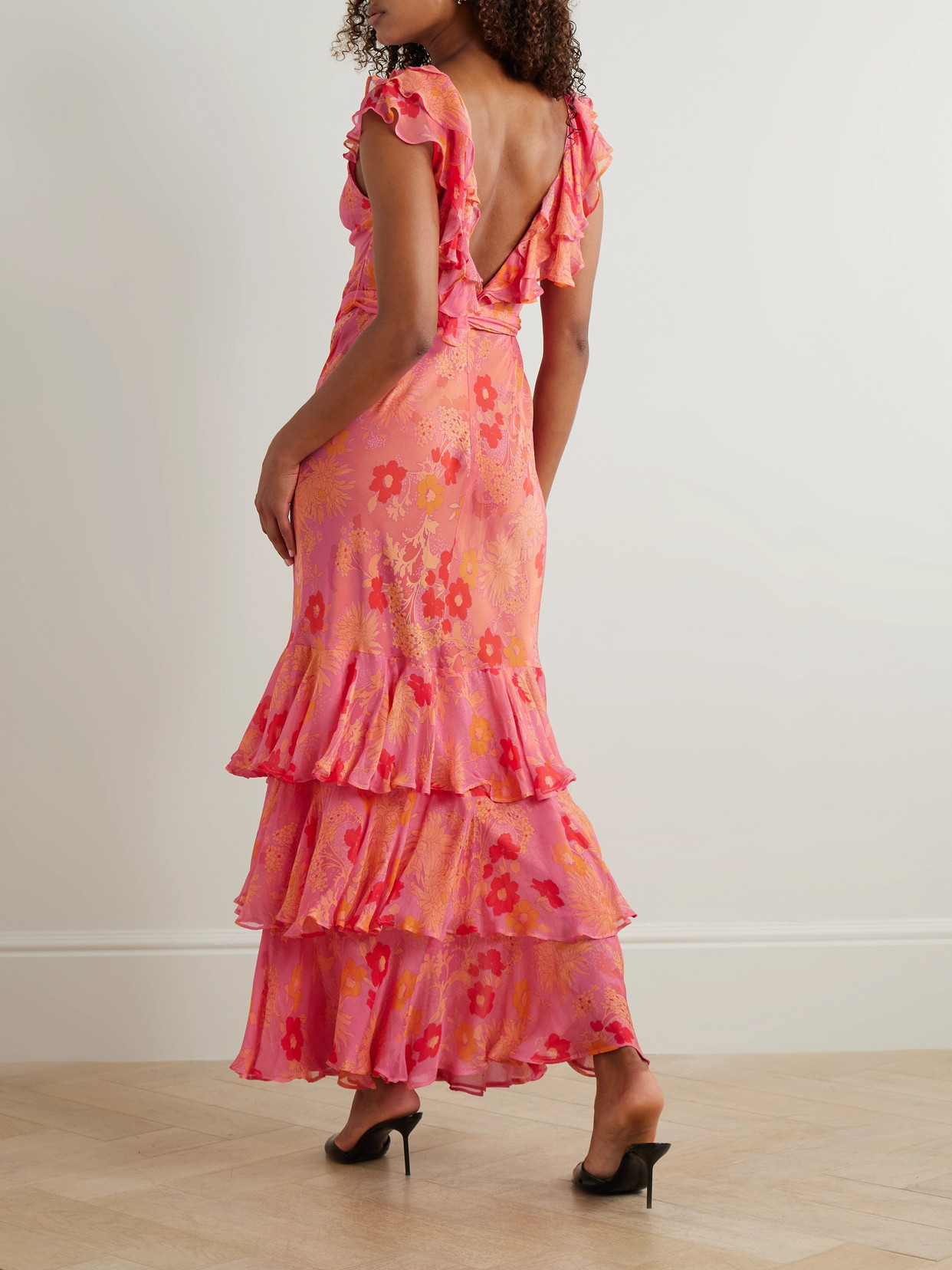 Rixo London Rio Belted Open-back Ruffled Floral-print Silk Crepe De Chine Maxi Dress In Pink