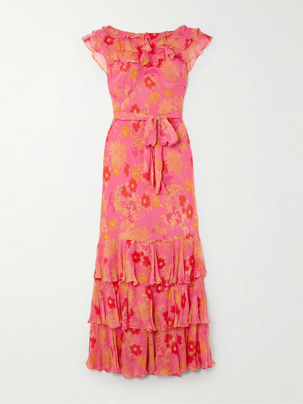 Rixo London Rio Belted Open-back Ruffled Floral-print Silk Crepe De Chine Maxi Dress In Pink