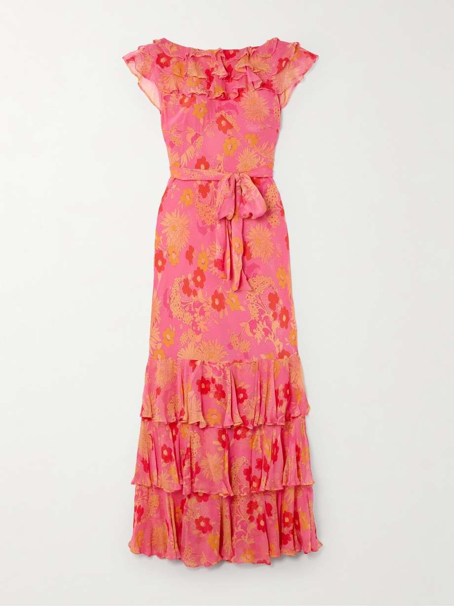 rio belted open-back ruffled floral-print silk crepe de chine maxi dress