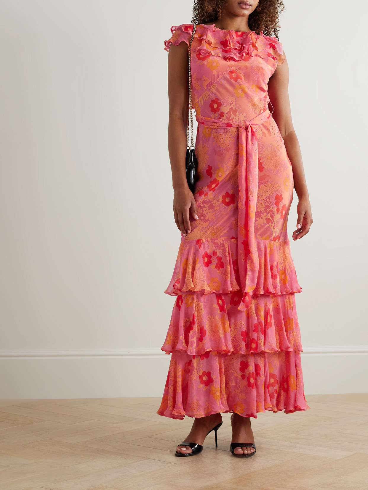 Rixo London Rio Belted Open-back Ruffled Floral-print Silk Crepe De Chine Maxi Dress In Pink