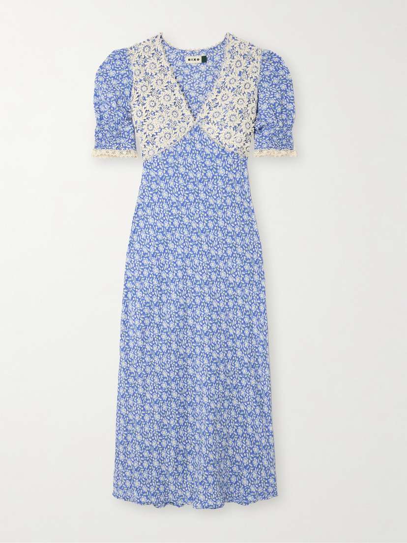 Rixo Olga Lace-trimmed Crepe De Chine Midi Dress