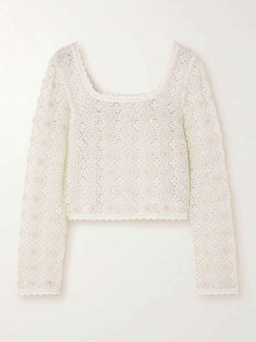 Rixo Natayla Cropped Bead-embellished Scalloped Cotton-lace Top - UK 18