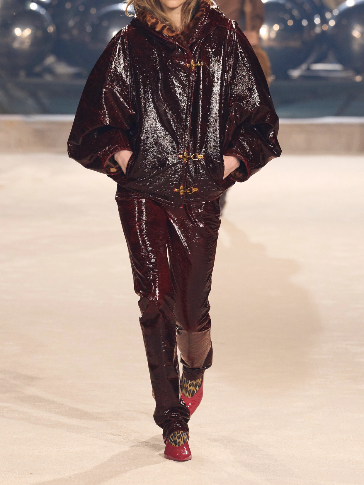 Isabel Marant Slim-leg Crinkled Cotton-blend Vinyl Pants In Cherry