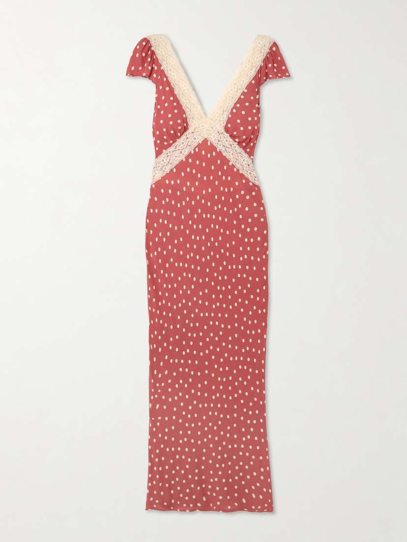 Rixo Iggy Lace-trimmed Polka-dot Crepe De Chine Midi Dress