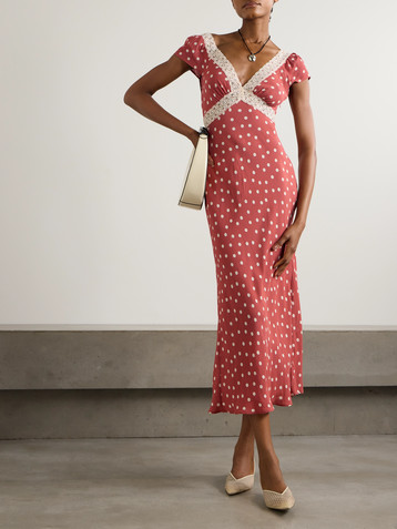 RIXO Iggy lace-trimmed polka-dot crepe de chine midi dress