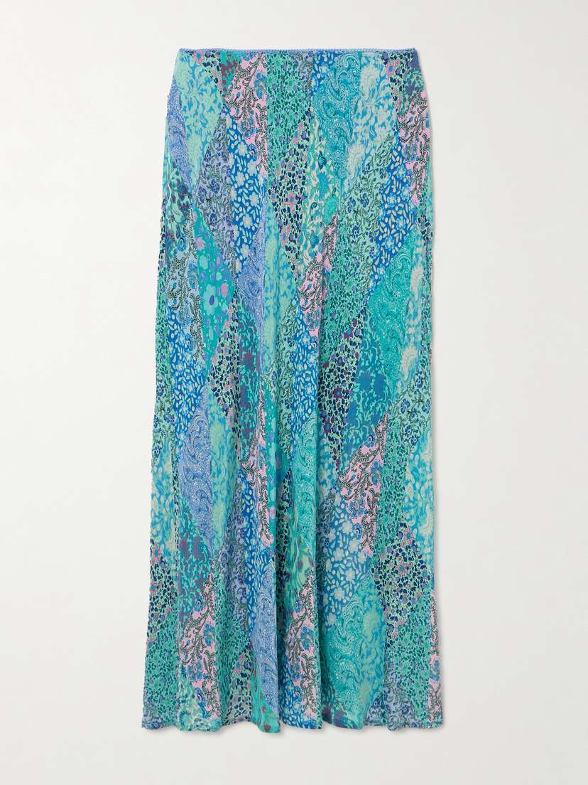 Rixo Ardith Patchwork Floral-print Silk Crepe De Chine Midi Skirt