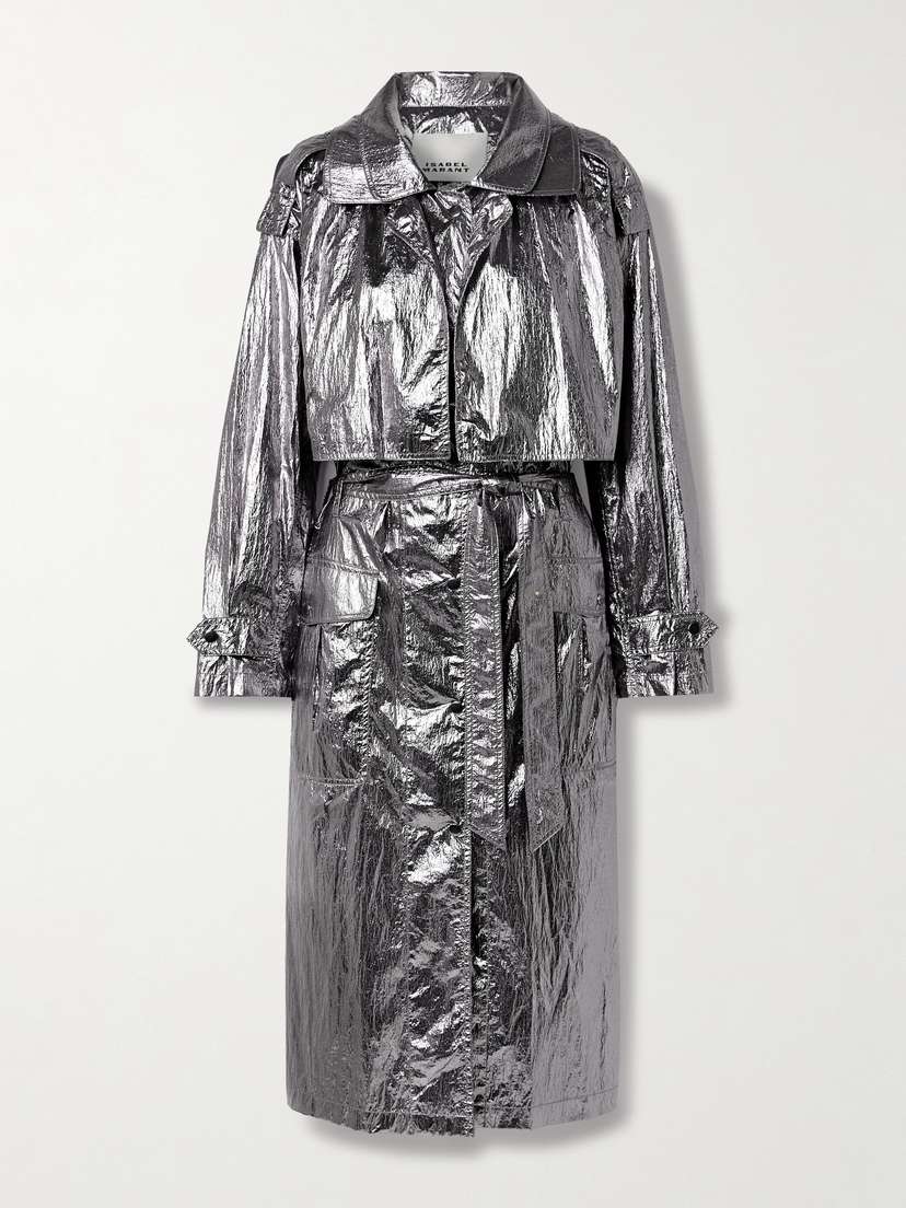 Isabel Marant Laika Belted Metallic Crinkled Recycled-shell Trench Coat