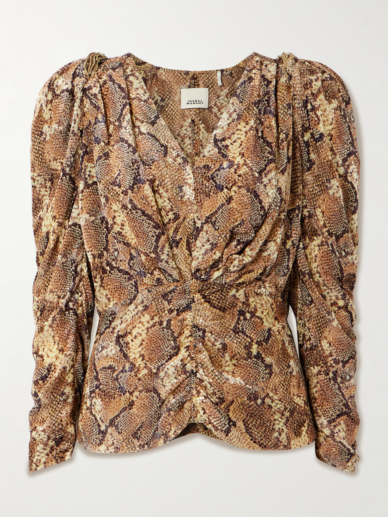 ISABEL MARANT MARLIN RUCHED SNAKE-PRINT SILK-BLEND DEVORÉ BLOUSE